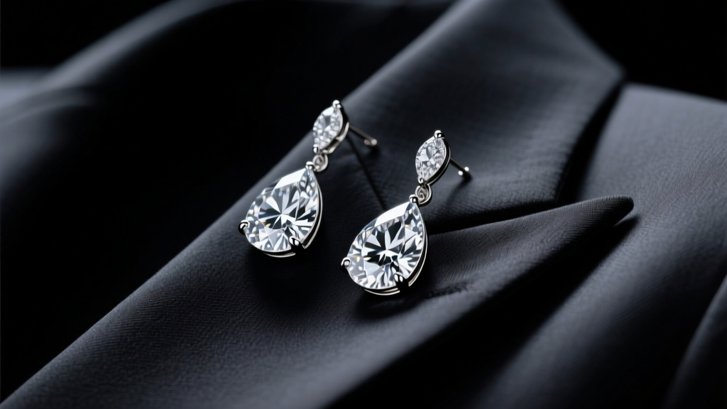 Macro shot of heavy platinum pear-cut diamond drop earrings on a dark blazer, illuminated by dramatic, authoritative spotlighting