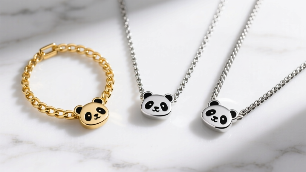 Flat lay of three panda bear necklace chains: gold vermeil box, sterling silver cable, and a steel rope chain on white marble
