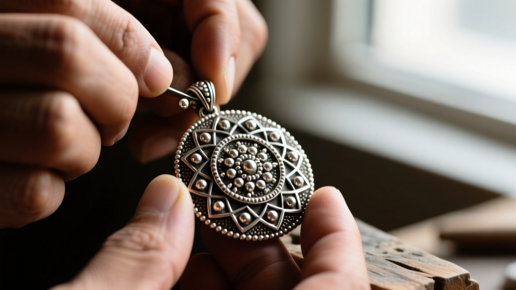 Close-up of artisan hands applying tiny silver spheres for granulation onto an oxidized 925 sterling Balinese mandala pendant