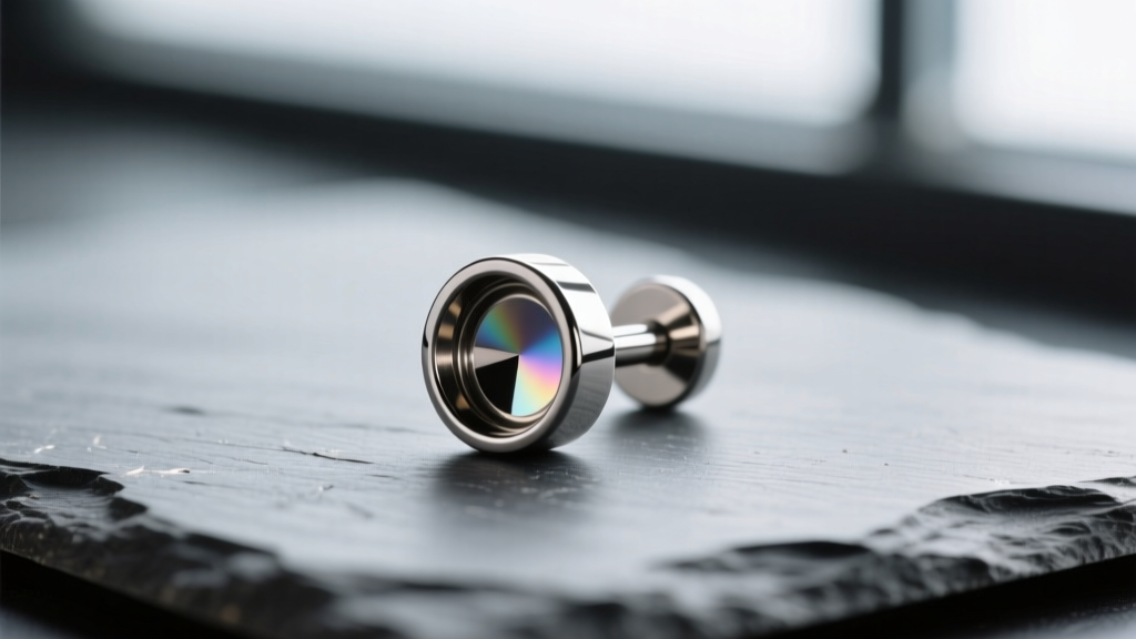 Macro shot of a 16-gauge titanium labret stud on slate, showing the flat back and mirror polish under soft directional lighting
