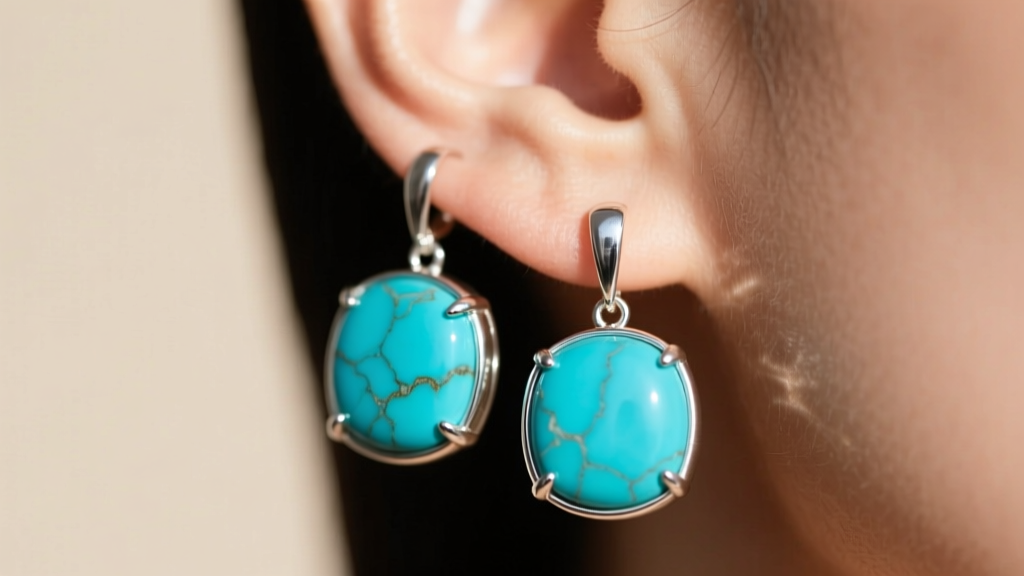 Heavy chunky turquoise earrings in sterling silver bezels pulling slightly on an earlobe against a soft beige background