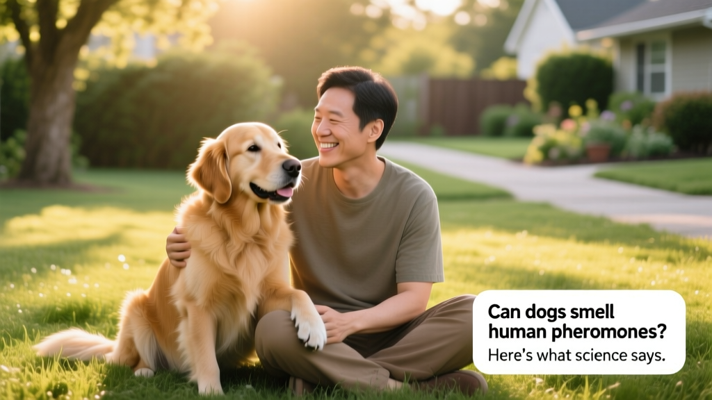 A golden retriever and owner sitting side by side on grass, both relaxed and smiling, symbolizing mutual trust and sensory connection
