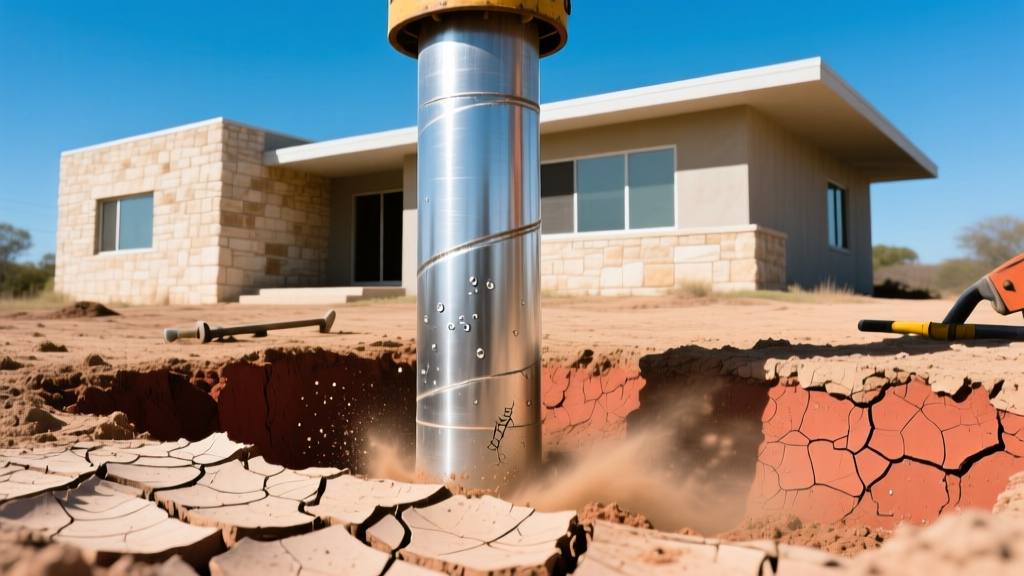 Galvanized steel foundation pier hydraulically driven into dry, cracked expansive clay soil next to a Texas limestone house in Austin.