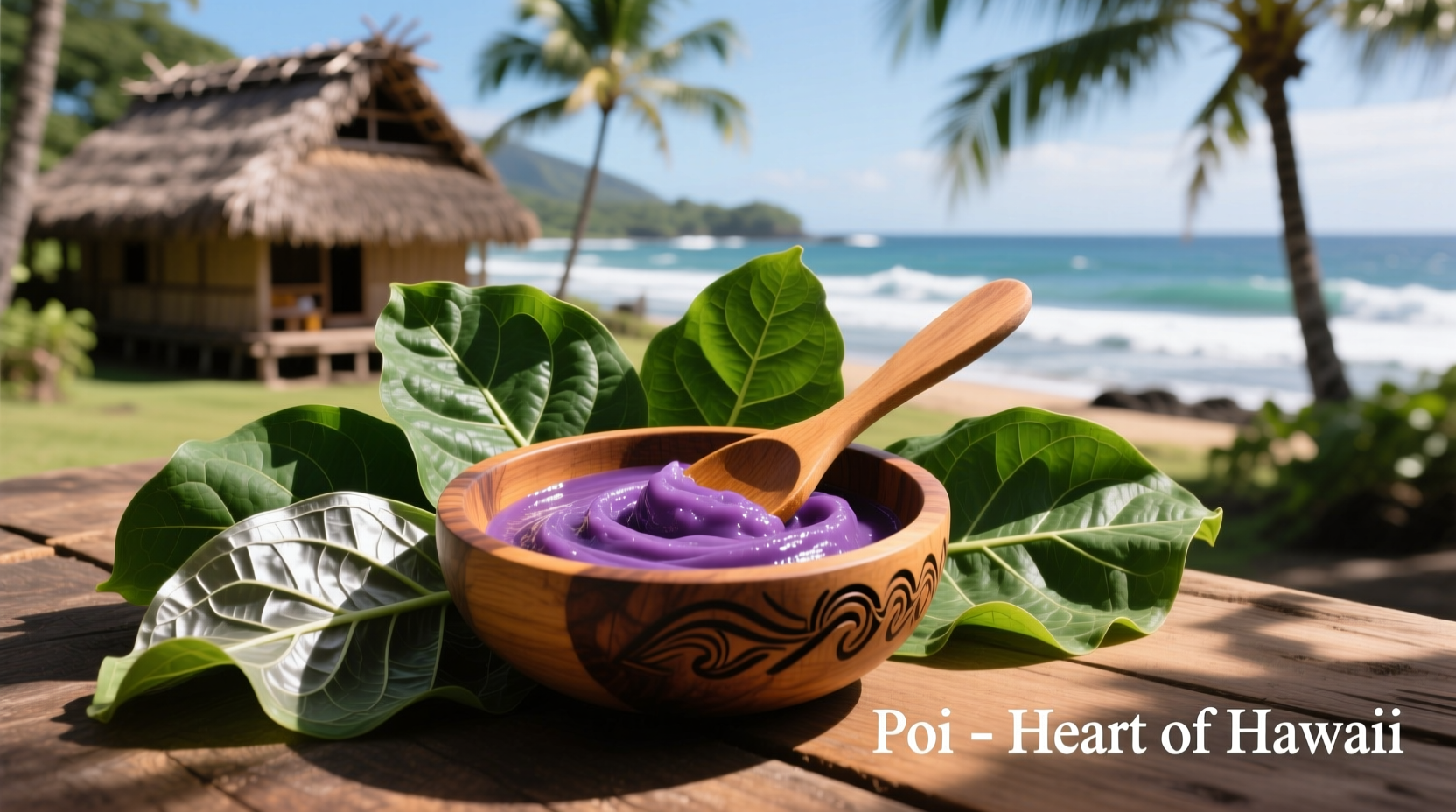 Traditional Hawaiian poi in a wooden bowl with taro leaves