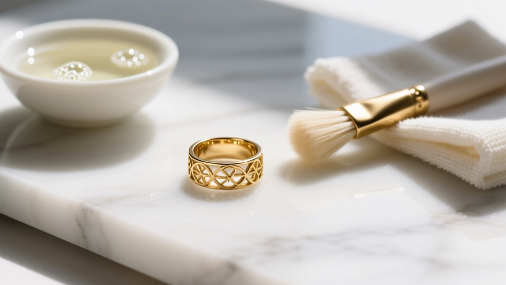 Gentle jewelry cleaning setup featuring a soft bristle brush, mild soap, and a microfiber cloth beside a sparkling 14k gold ring.