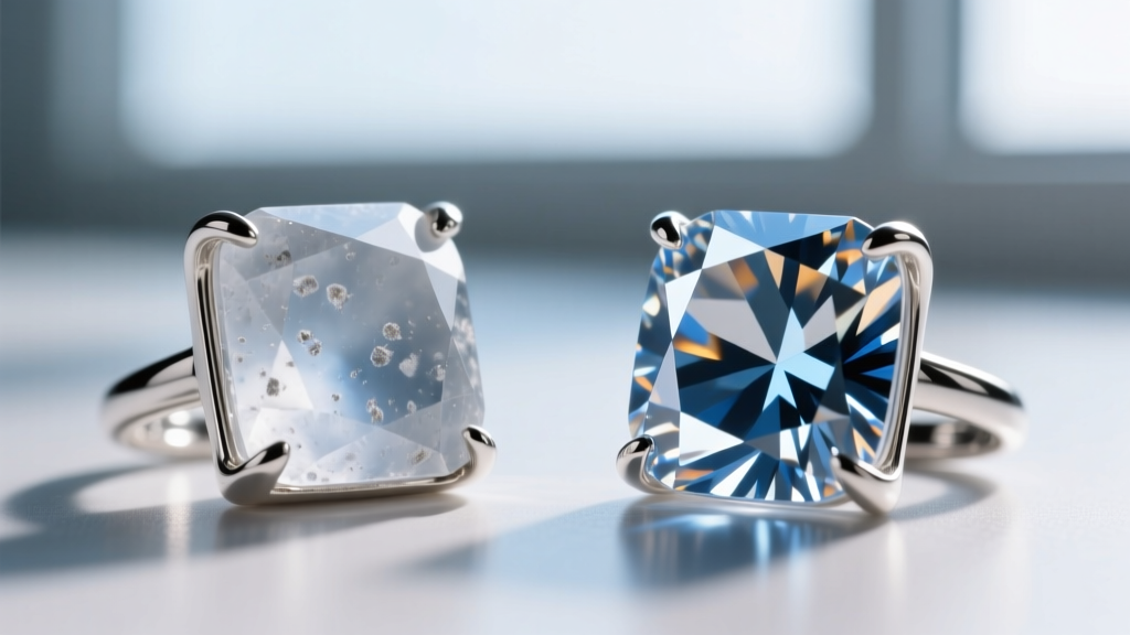 Close-up comparing a cloudy cubic zirconia stone next to a flawless AAAAA-grade machine-cut CZ in a sterling silver prong setting