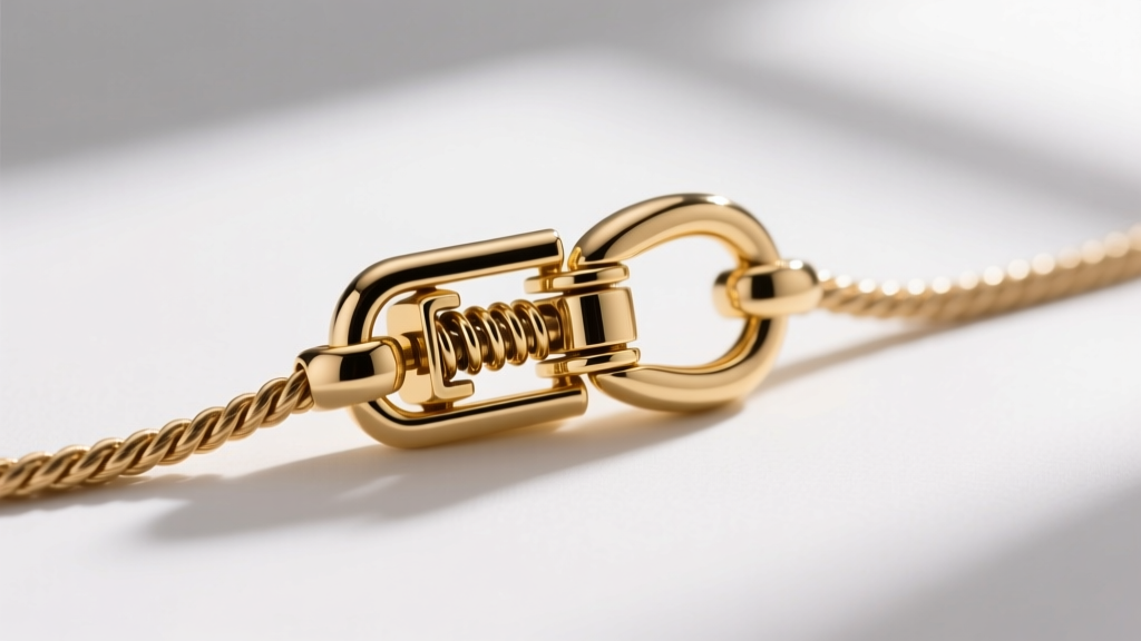 Close-up of a heavy-duty 14k gold lobster clasp attached to a 1.5mm rope chain, clearly showing the internal spring mechanism.