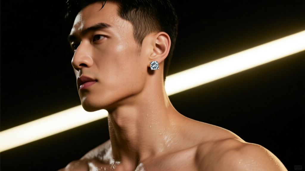Male athlete ear wearing a 6mm bezel-set moissanite stud earring in 14k white gold, photographed in dramatic stadium lighting