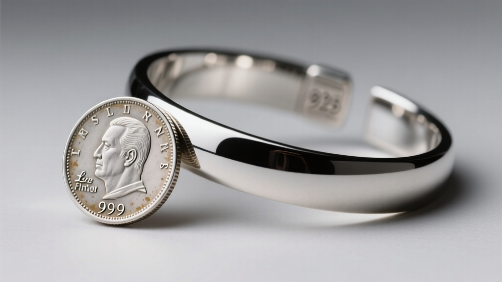 Macro shot of a dull 999 fine silver coin next to a highly polished 925 sterling silver cuff bracelet under bright studio lighting