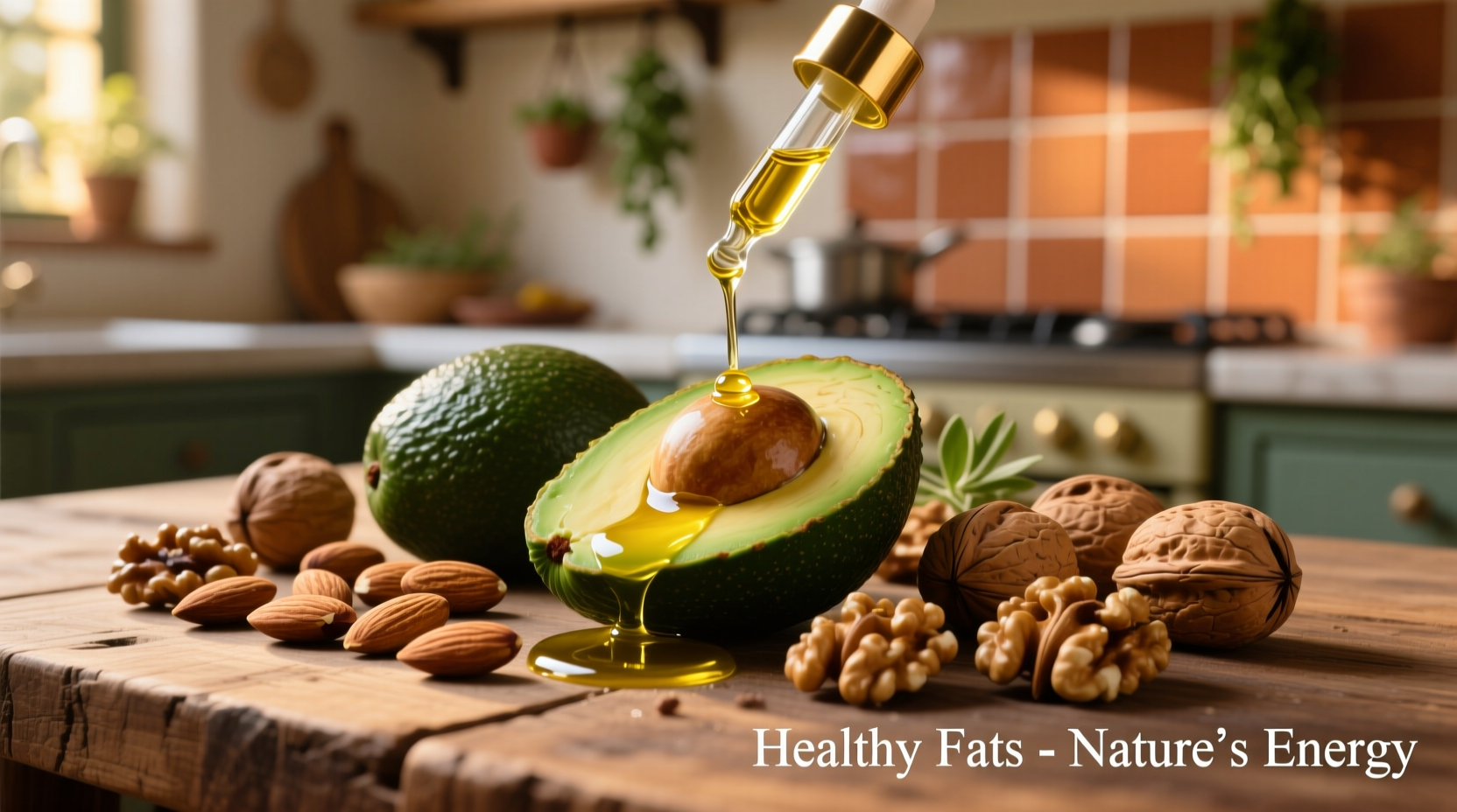 Various high-fat foods including avocado, nuts, and olive oil