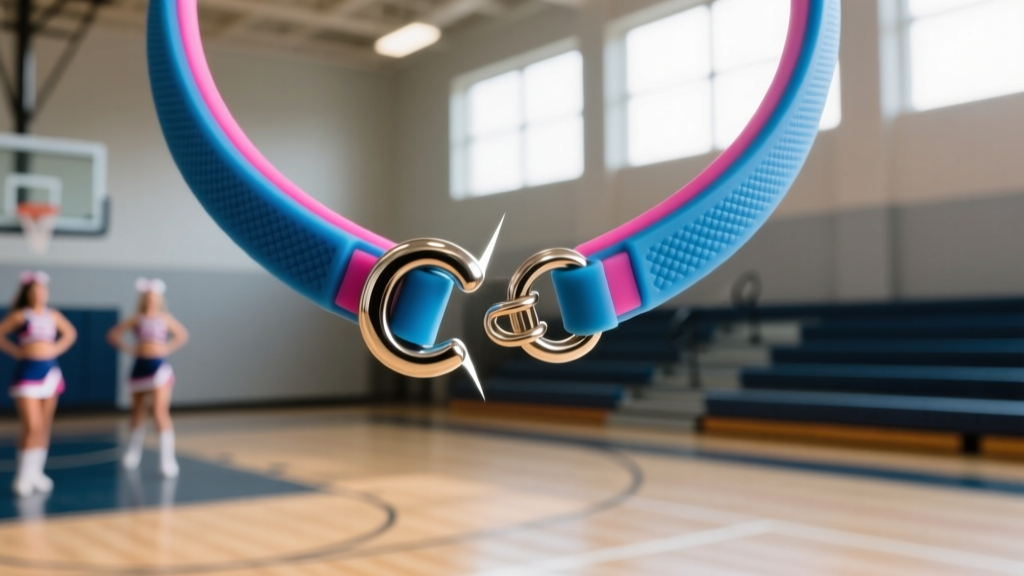 Macro shot of a magnetic breakaway clasp separating on a silicone cheerleading necklace against a blurred gymnasium background