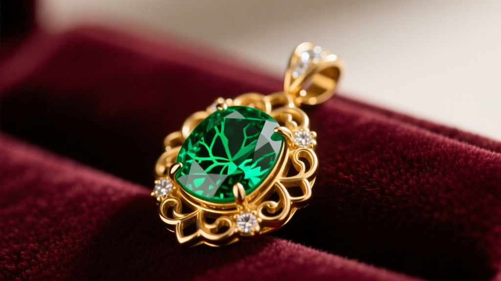 Close-up of an 18k gold emerald pendant on velvet, showing a 2-carat Colombian stone with natural jardin under warm lighting