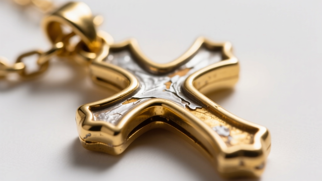 Macro shot of a vintage 14k gold cross pendant bail showing heavy chain friction wear, revealing the underlying base metal core.