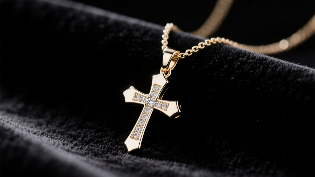 Close-up of a 14k white gold necklace and cross pendant resting on dark velvet under bright studio lighting.