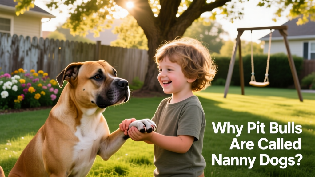 A smiling child gently holding hands with a relaxed, affectionate Pit Bull in a sunlit backyard