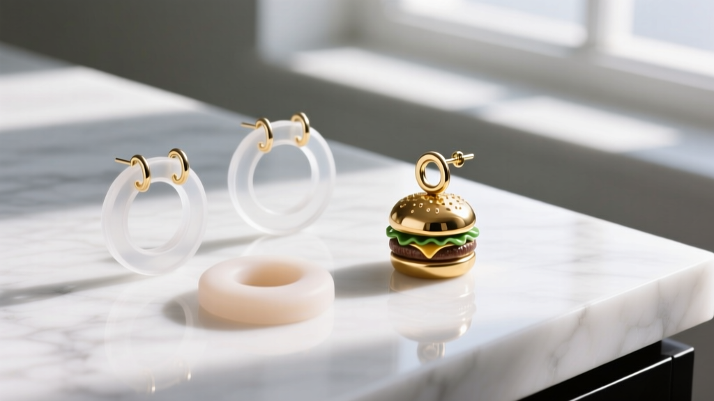 Silicone earring support discs and clear O-rings resting beside a novelty metal food earring on a clean white marble countertop.