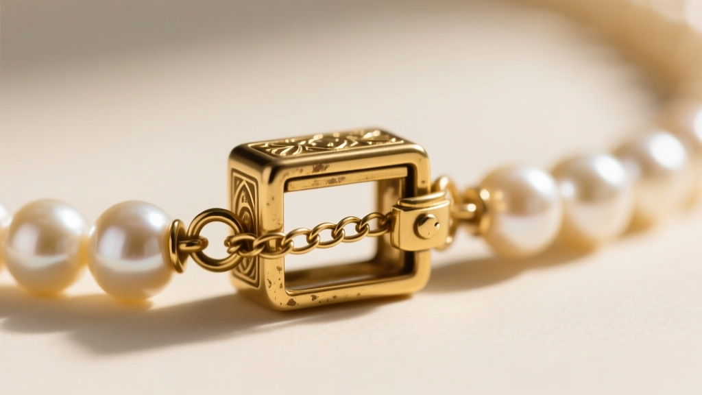 Macro photography of a vintage pearl necklace clasp showing a 14k gold box clasp with a delicate safety chain and French wire.