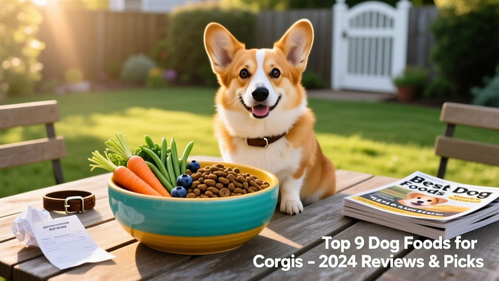 A smiling, healthy Corgi sitting beside a colorful bowl of high-quality kibble and fresh vegetables