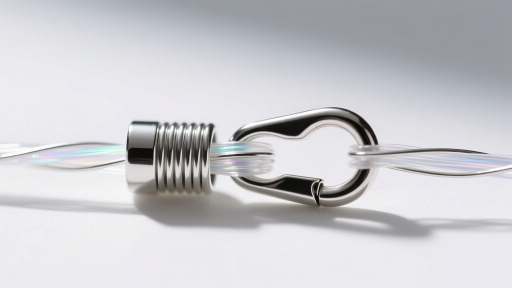 Extreme close-up of a sterling silver crimp tube and wire guardian securing a clear nylon thread to a small lobster clasp.