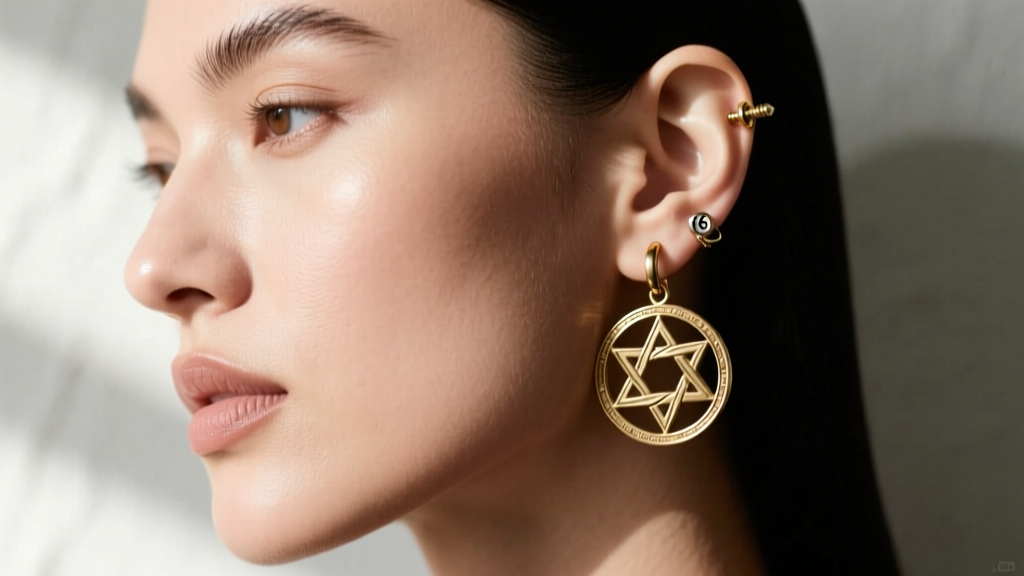 Model wearing a heavy 16-gauge brass sigil earring in the upper helix cartilage, showcasing secure screw-back threading.