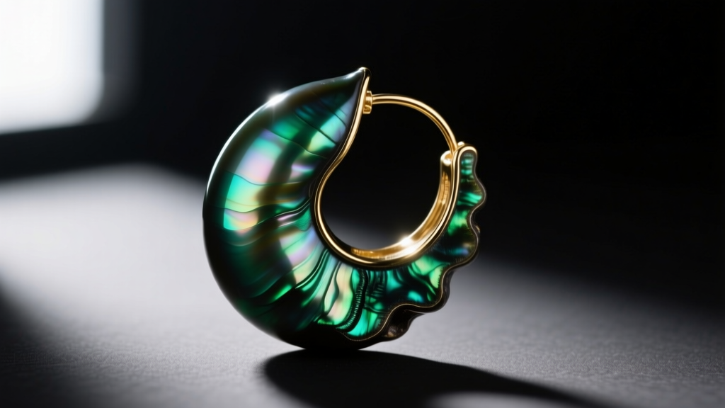 Macro close-up of a dark Tahitian baroque pearl earring showing thick nacre layers and sharp peacock green luster reflections
