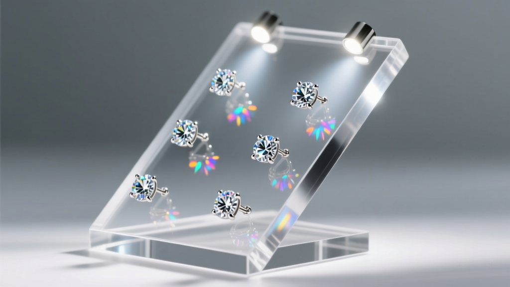 Retail case showing a tilted acrylic earring stand display illuminated by focused LED spotlights making diamond studs sparkle.