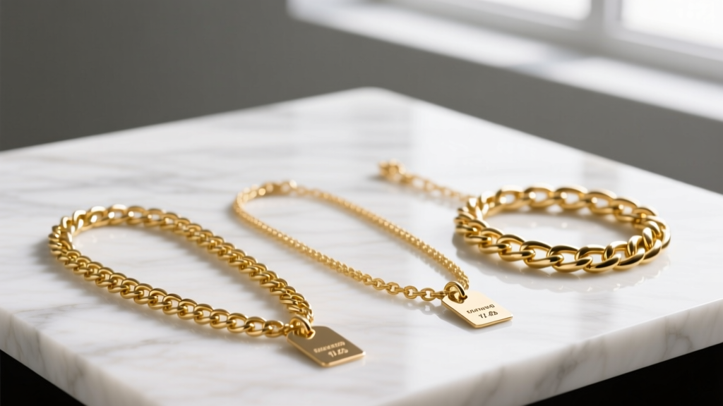 Three gold chains on marble, tagged with their varying gauge widths, lengths, and exact gram weights for value assessment.