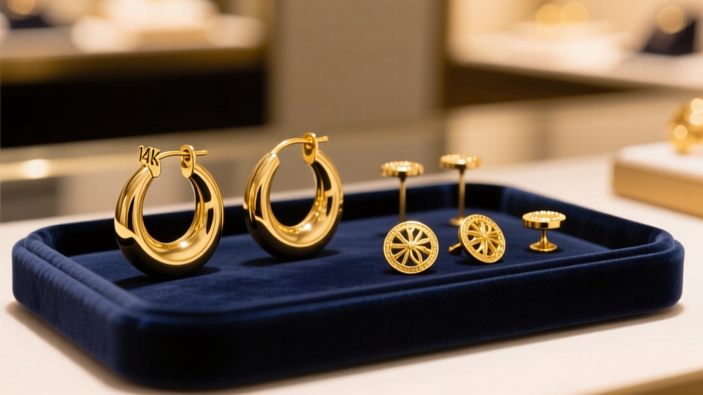 Close-up of 14k solid gold hoop earrings and gold-plated brass fashion studs on a velvet display tray under warm retail lighting.