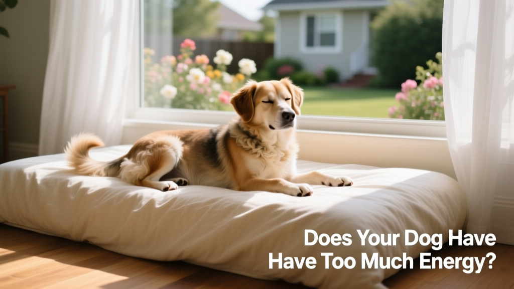 A relaxed dog lying calmly on a cozy bed beside a window