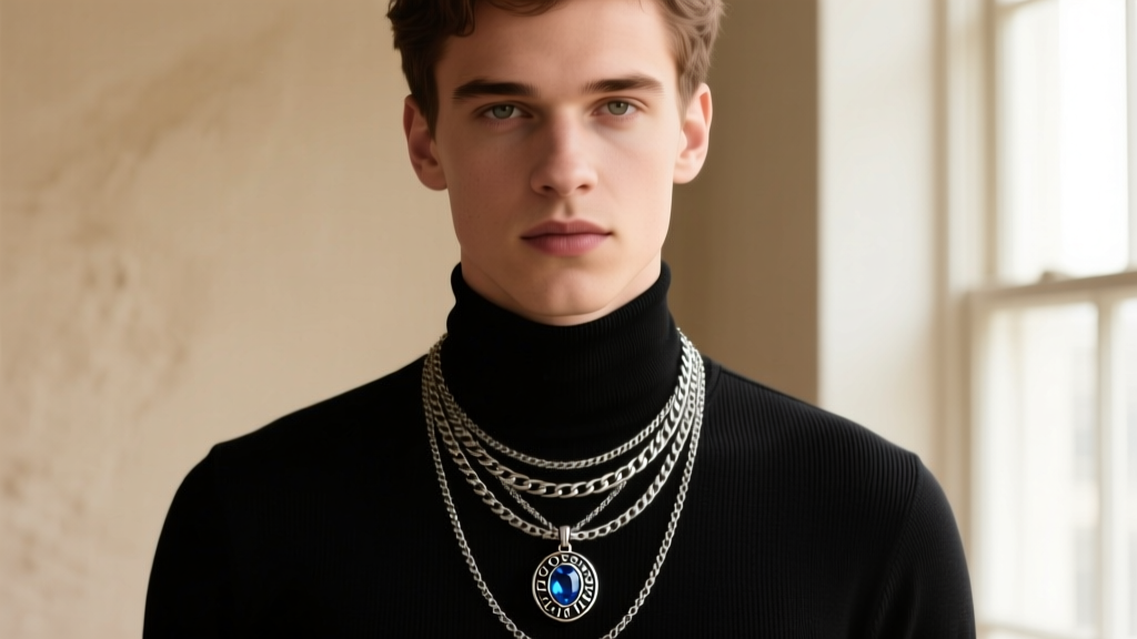 Man wearing a dark turtleneck and layered chains, with a subtle OSRS binding necklace replica resting gently against his collarbone