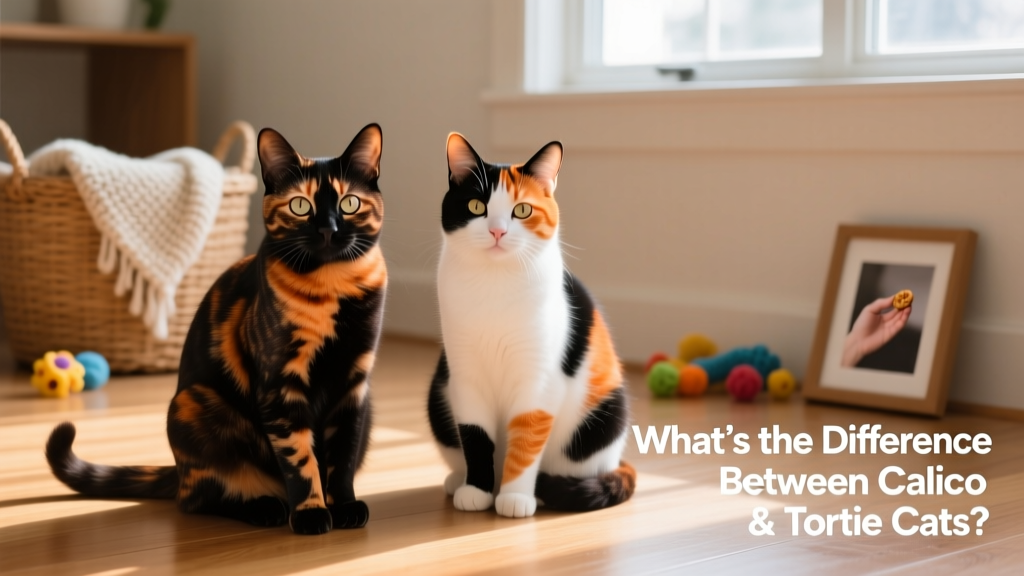 Two shelter cats — one tortoiseshell, one calico — sitting side by side, looking curious and friendly