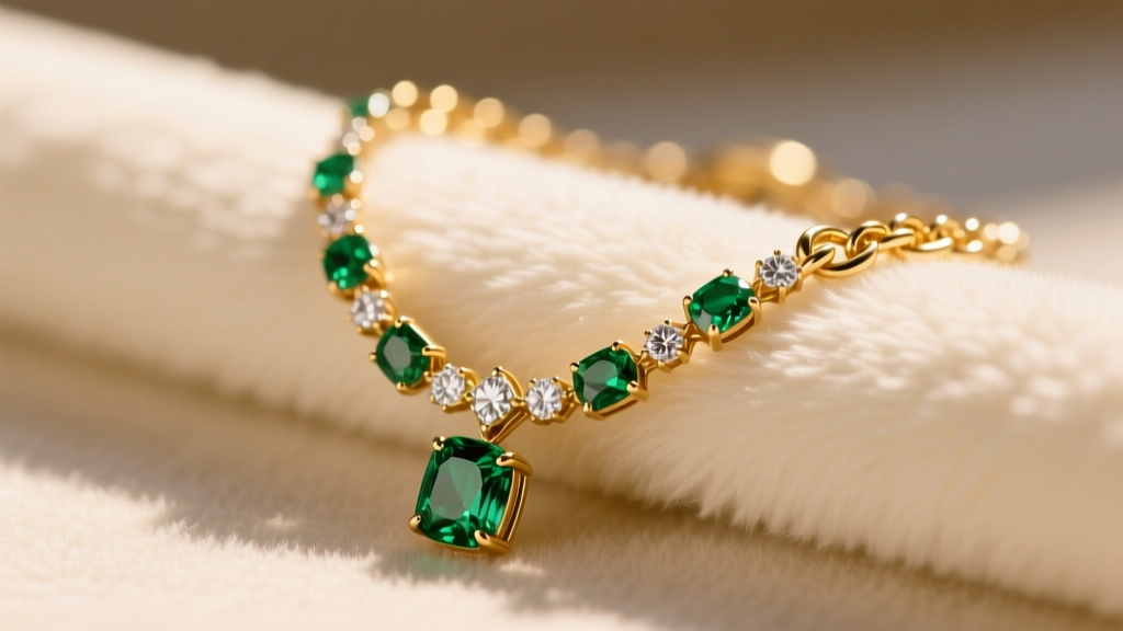 Close-up of a 14k gold chain with emerald and diamond pendants resting on a soft microfiber cloth in warm, natural lighting.