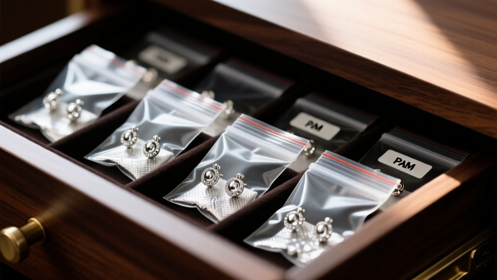 Airtight bags holding polished PAJ 925 stud earrings, stored with 3M anti-tarnish strips inside a dark wooden jewelry drawer