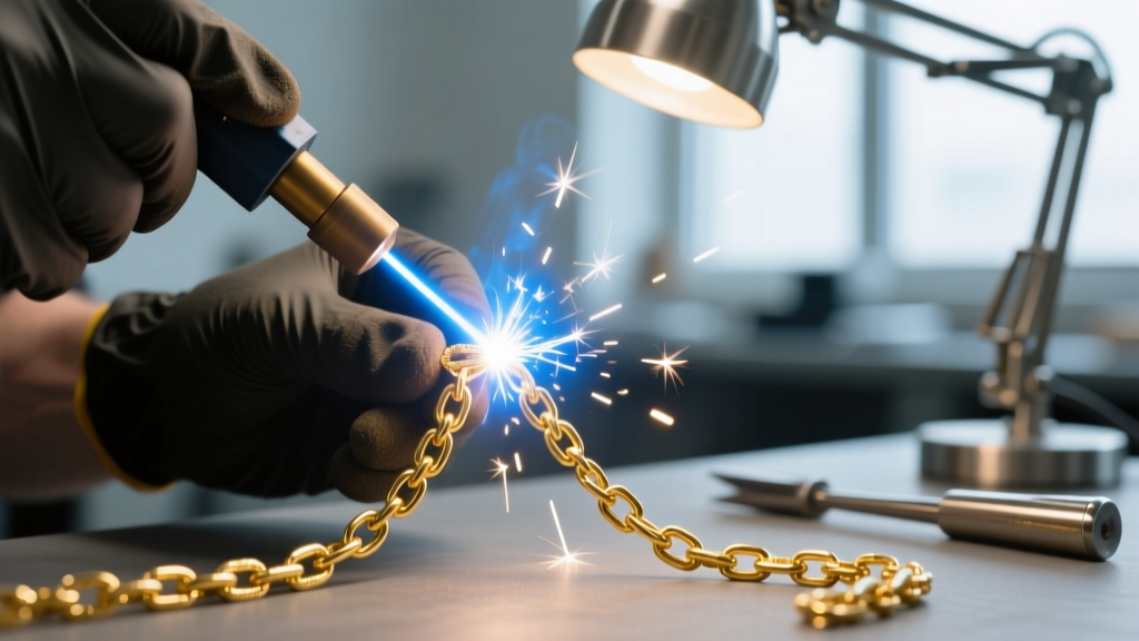 Macro shot of a jeweler using a laser welder to repair a snapped 0.9mm gold-plated cable chain link, with a bright spark visible.