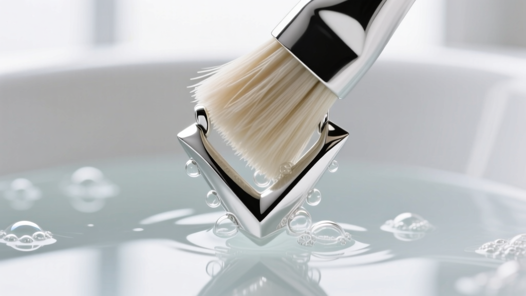 Soft-bristled brush gently scrubbing the sharp inner corner of a silver letter V pendant submerged in a mild soapy water bath.