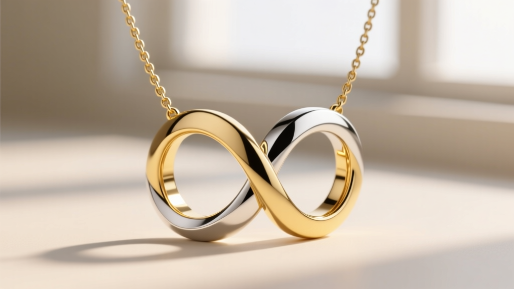 Close-up of a modern two ring necklace with an asymmetrical interlocking design in brushed 14k yellow gold and polished silver.