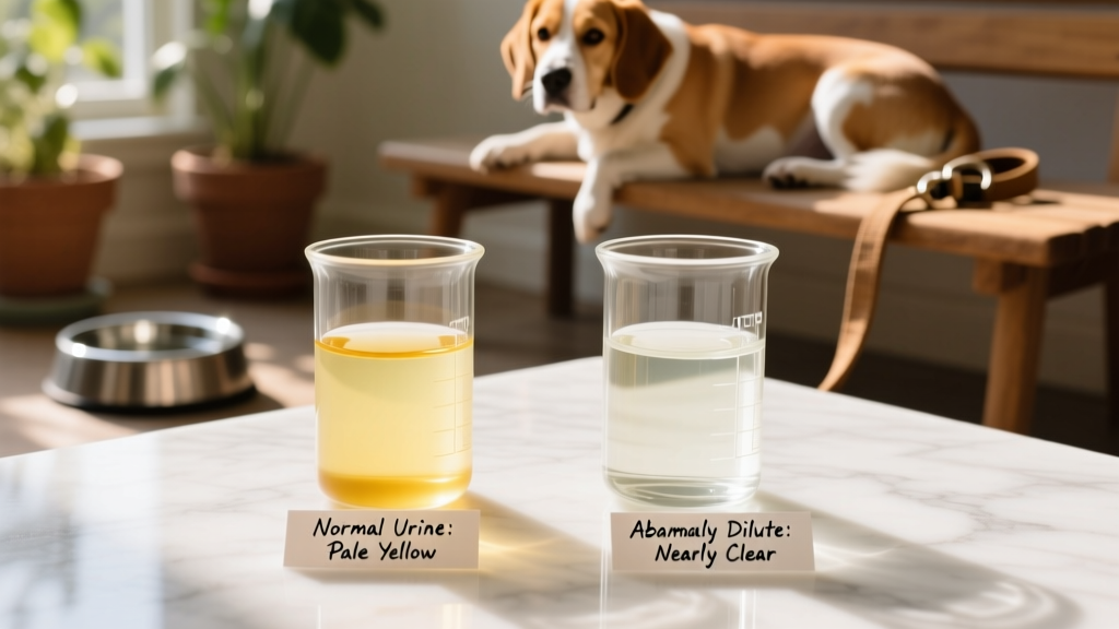 Side-by-side comparison showing normal dog urine color (pale yellow) versus abnormally dilute urine (nearly clear)