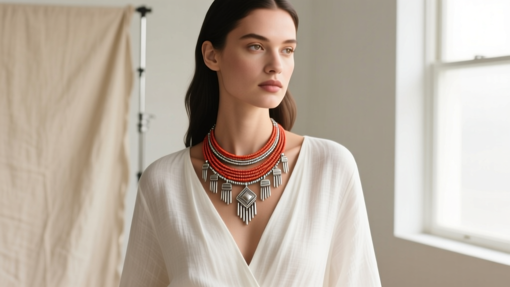 Fashion portrait of a woman in a white linen V-neck top layered with a delicate Navajo coral and sterling silver lariat necklace