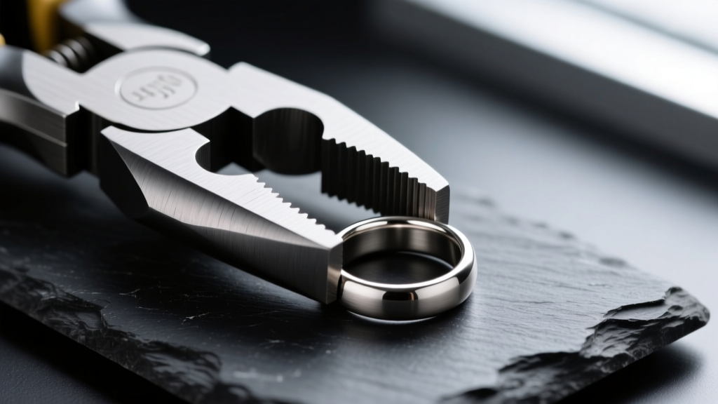 Close-up of steel ring opening pliers gripping a 14-gauge titanium captive bead ring, bead resting on a dark slate surface
