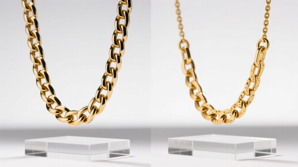 Side-by-side studio comparison of a PVD coated stainless steel gold chain and a traditional electroplated chain under bright LEDs.