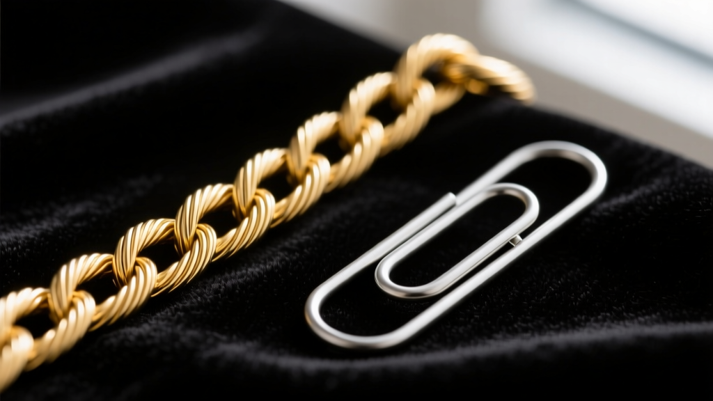 Macro photography comparing a 1.2mm gold-filled cable chain and a 2.5mm hollow paperclip chain resting on dark velvet fabric