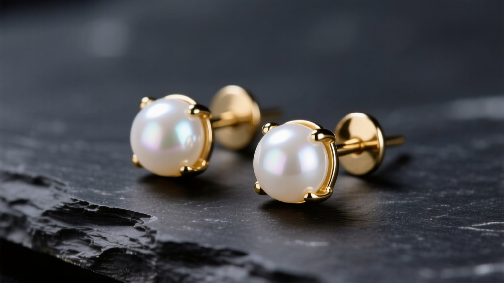 8mm white Akoya pearl studs in 14k gold on dark slate under soft studio lighting, shown in a sharp close-up macro photograph.