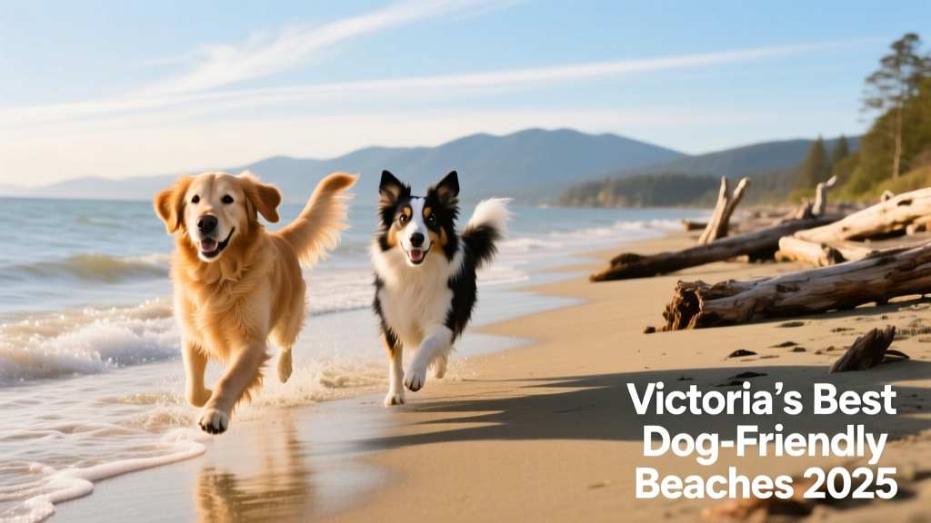 Two friendly dogs playing side-by-side on a sun-dappled sandy beach with driftwood and distant mountains visible