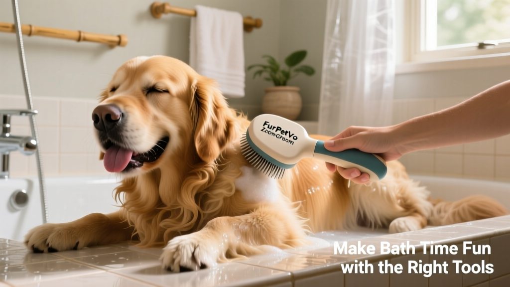 A dog enjoying a gentle massage with a FurPetVo ZoomGroom brush during bath time
