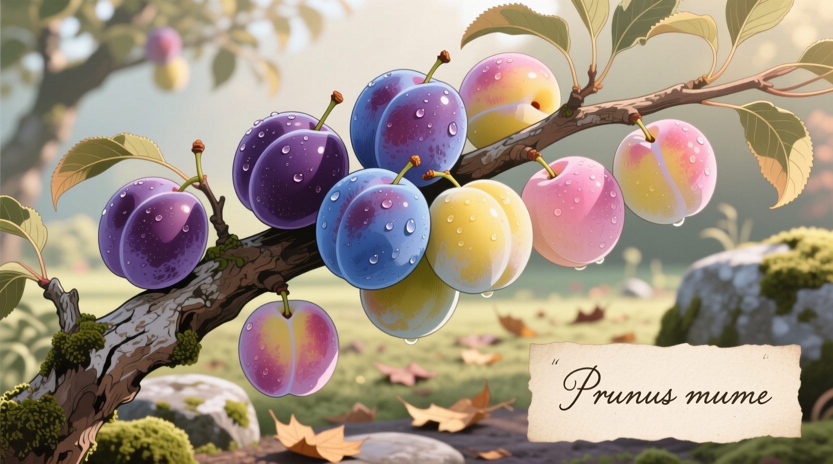 Ripe plums on tree showing various colors and sizes