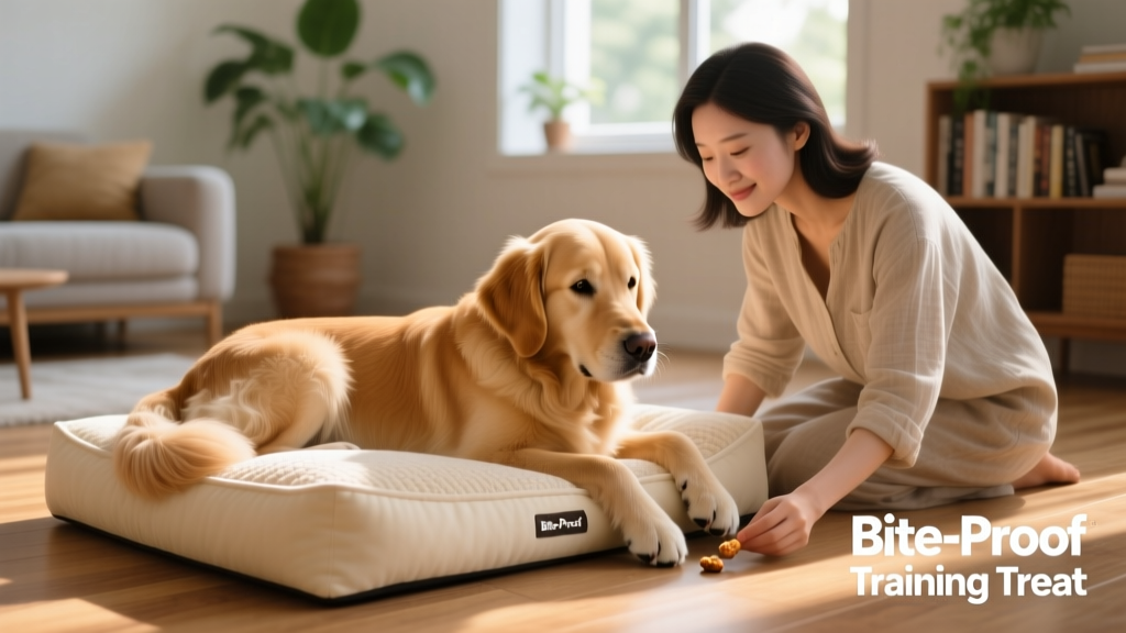 A calm, well-adjusted dog resting peacefully on a cozy bed while its owner gently places a treat nearby