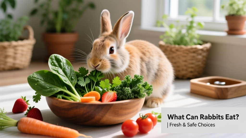 Rabbit nibbling on a variety of fresh leafy greens and herbs