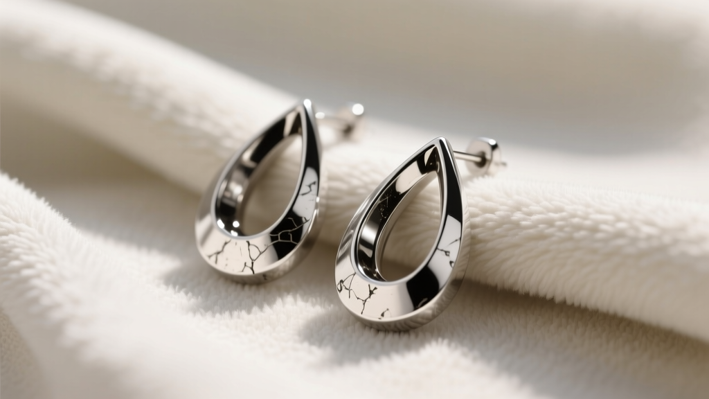 Silver teardrop earrings on a microfiber cloth, showing darkened oxidized crevices and bright polished edges in soft lighting