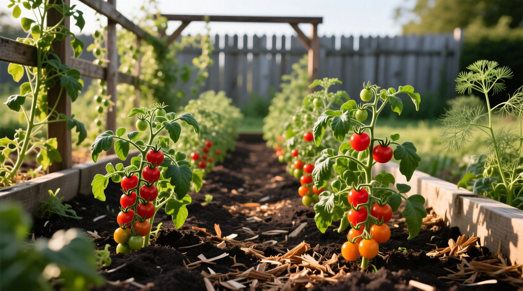 Cherry tomato plants properly spaced in garden bed