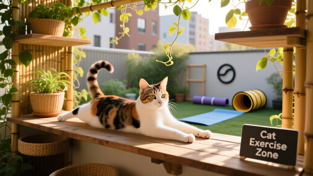 A relaxed calico cat lounging on a sun-dappled catio shelf with climbing platforms and greenery